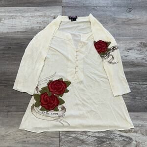Vintage Y2K XOXO Collection Ivory Red Womens M Floral 1/2 Button Blouse Casual‎